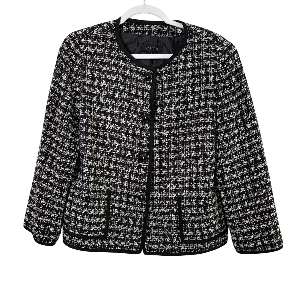 Talbots Tweed Blazer Womens 10 Black White Button Front Jacket Pockets Career